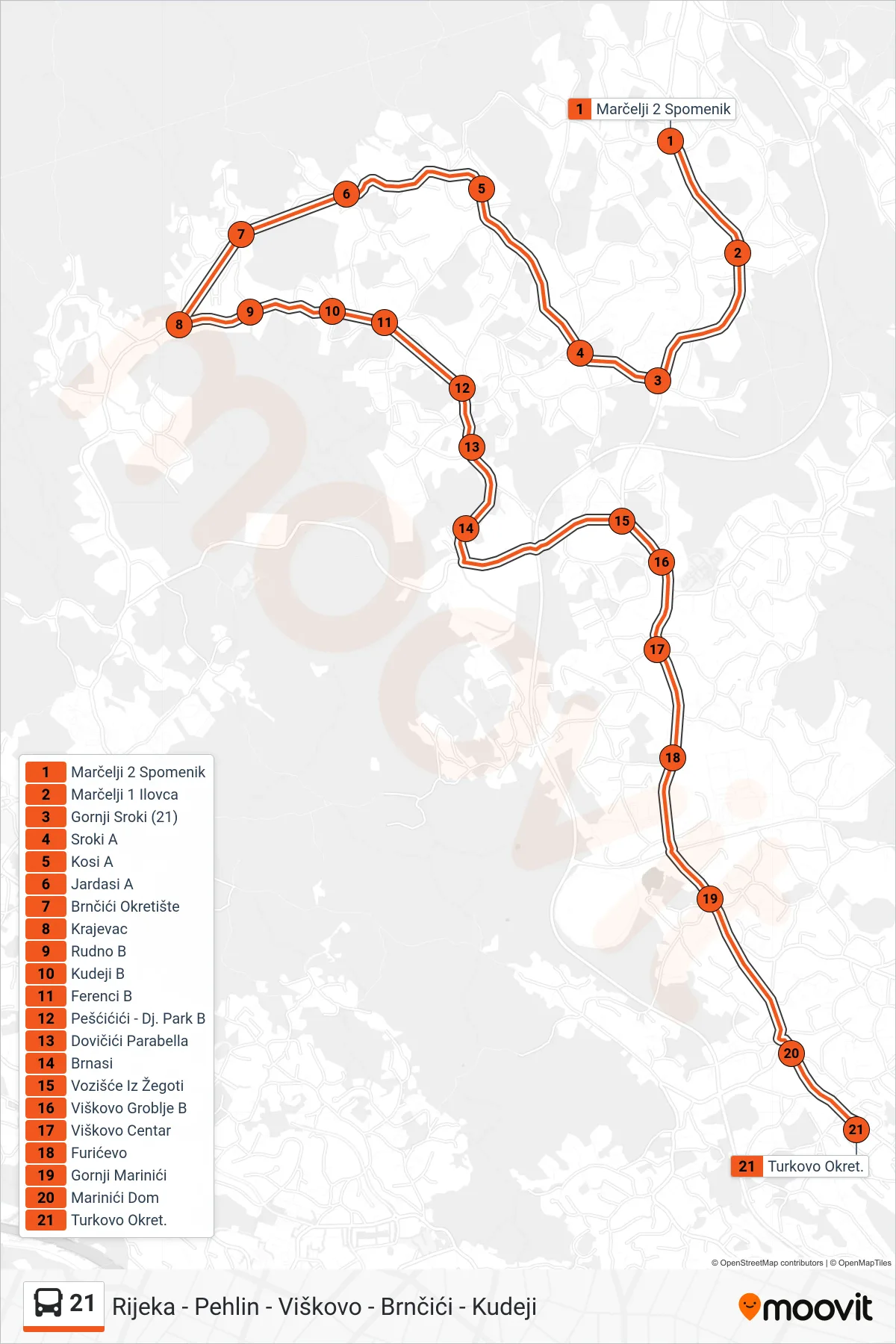 21 bus Line (Marčelji - Brnčići - Pehlin) route and stops on a map