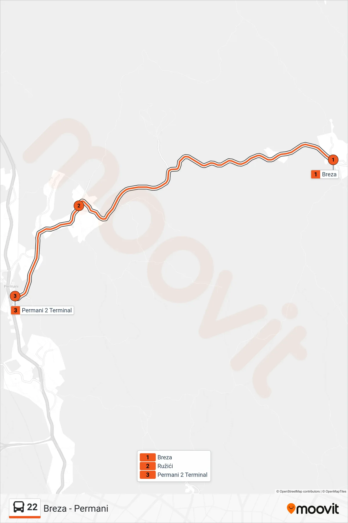 Linija 22 autobus, (Breza - Permani) – ruta i stanice na karti