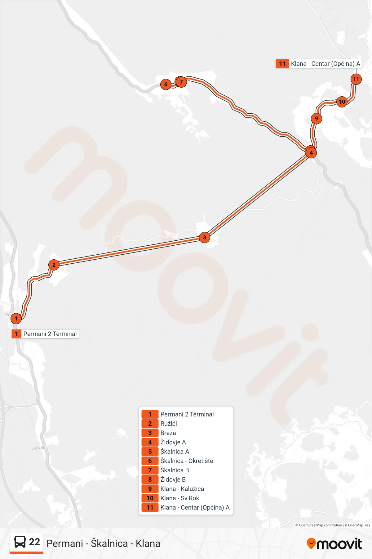 Linija 22 autobus, (Permani - Škalnica - Klana) – ruta i stanice na karti