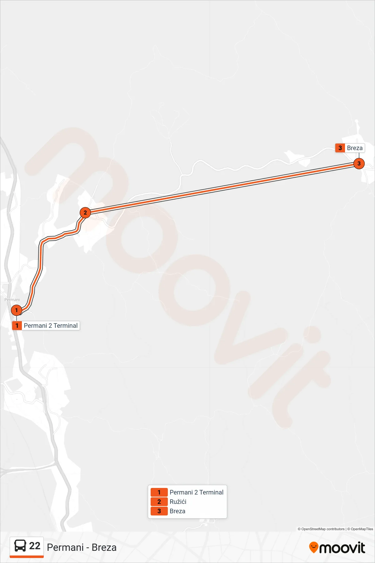 Linija 22 autobus, (Permani - Breza) – ruta i stanice na karti