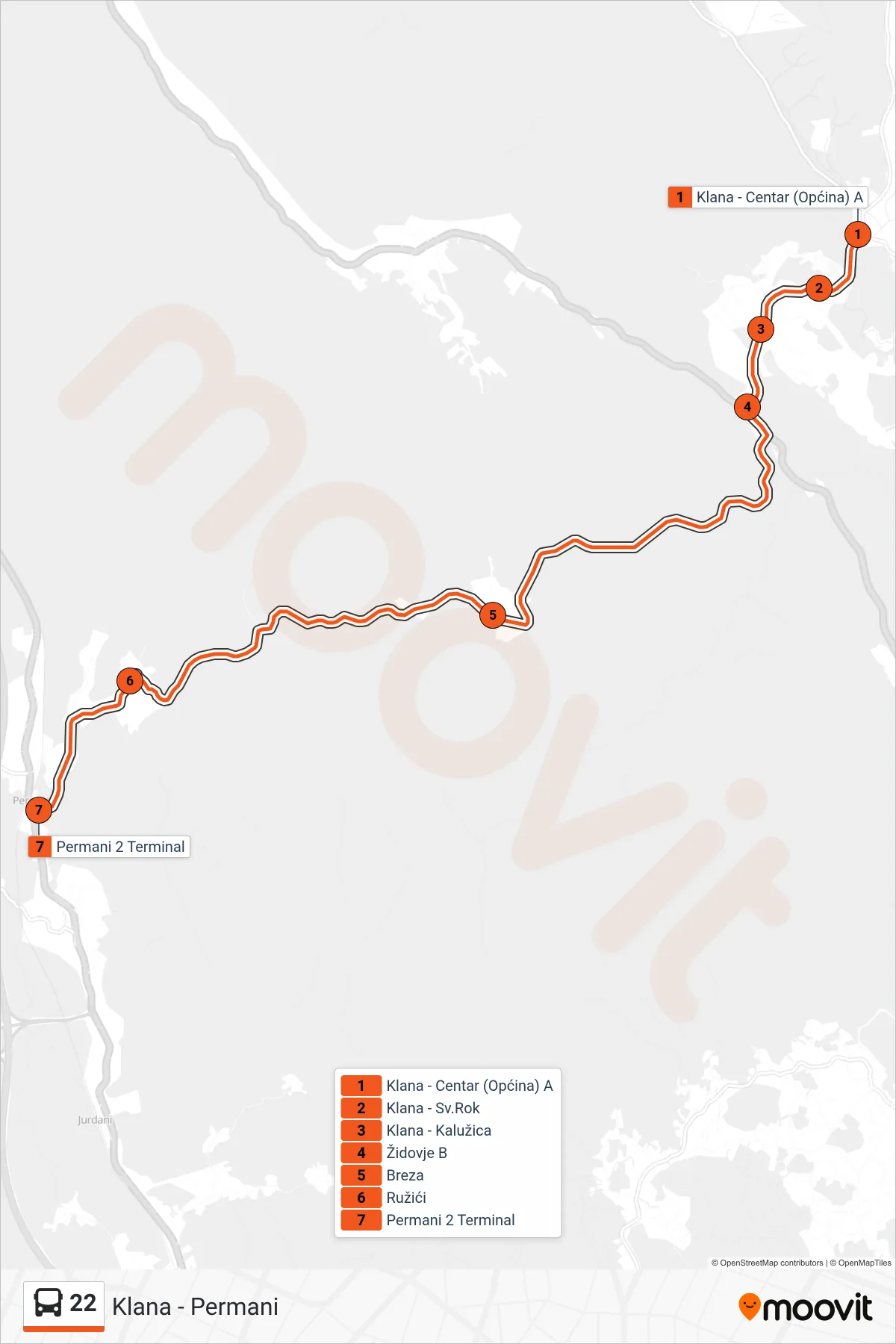 Linija 22 autobus, (Klana - Permani) – ruta i stanice na karti