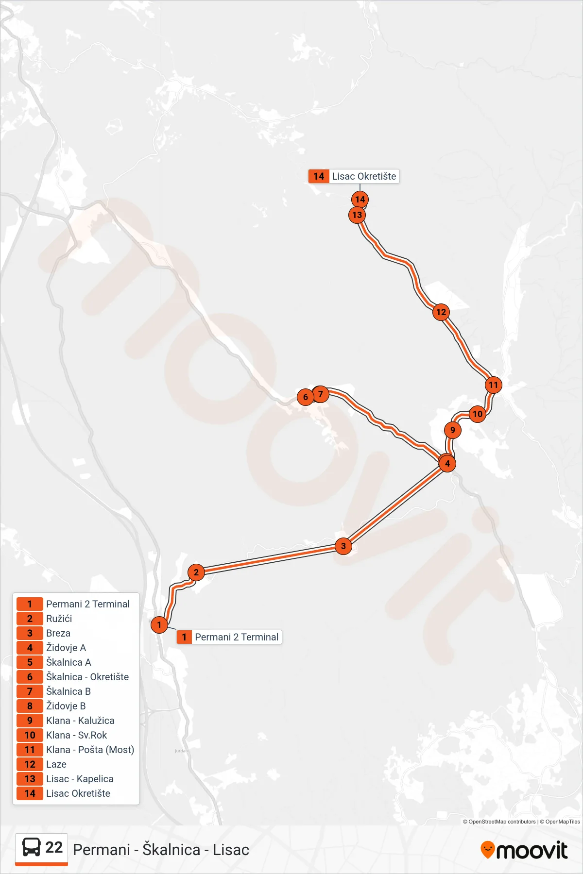 Linija 22 autobus, (Permani - Škalnica - Lisac) – ruta i stanice na karti
