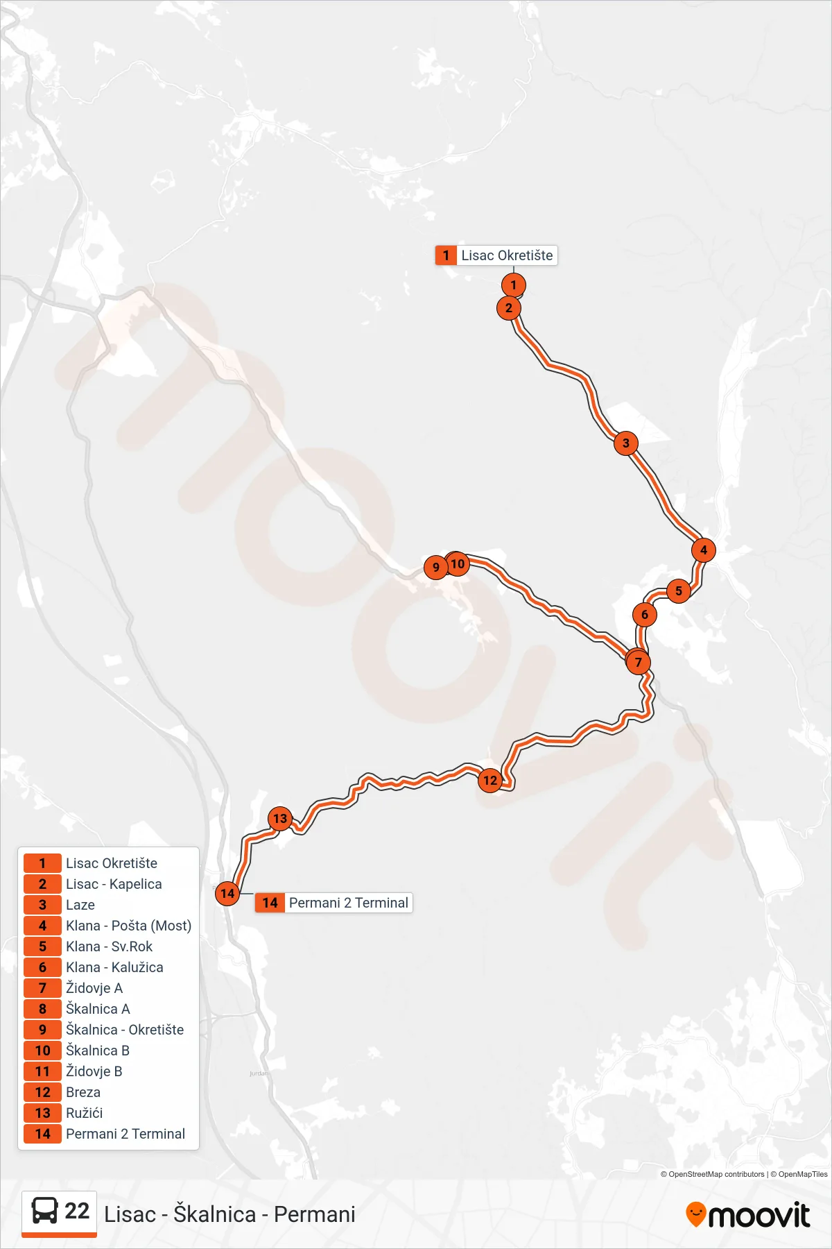 Linija 22 autobus, (Lisac - Škalnica - Permani) – ruta i stanice na karti