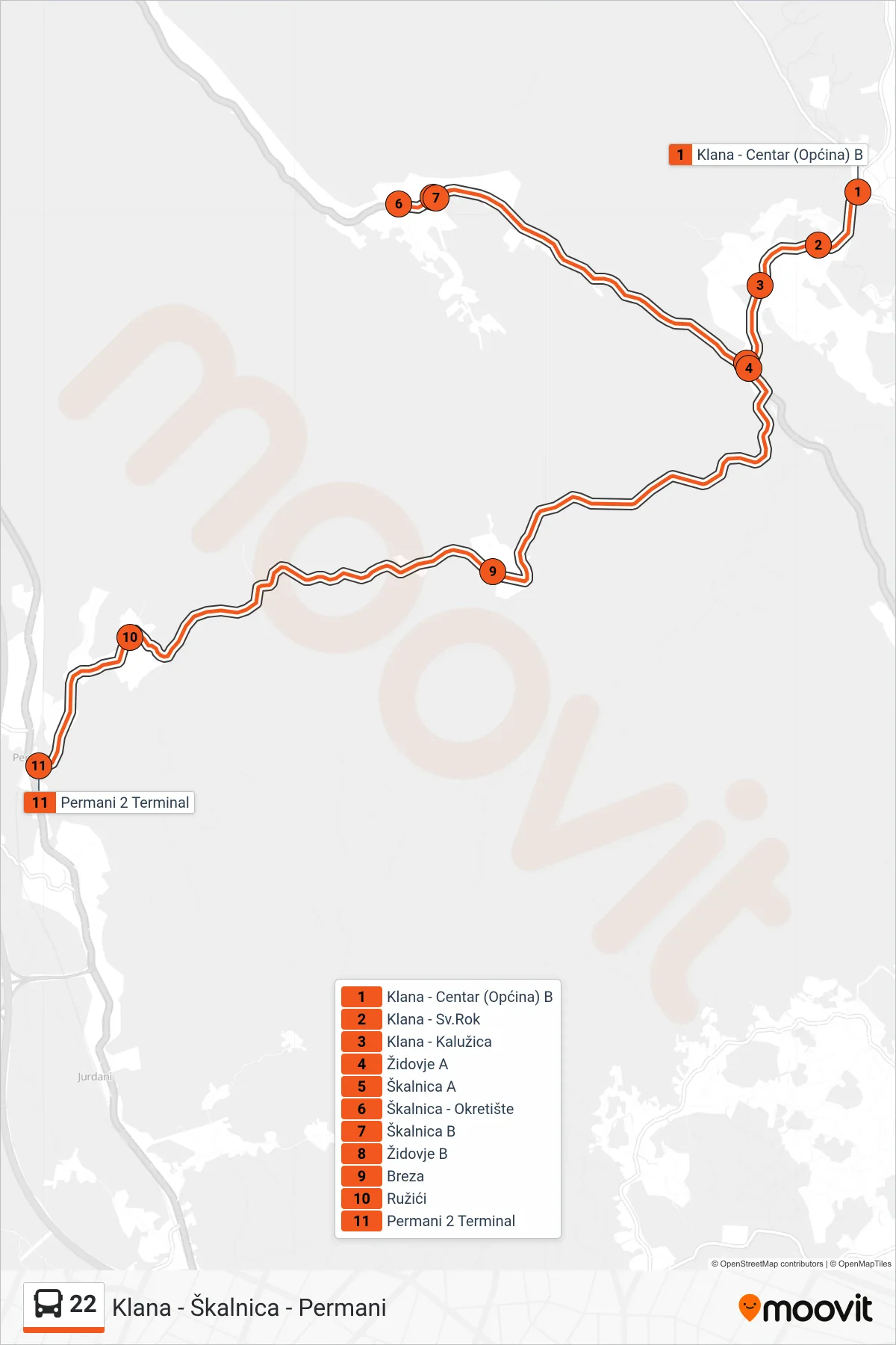 Linija 22 autobus, (Klana - Škalnica - Permani) – ruta i stanice na karti