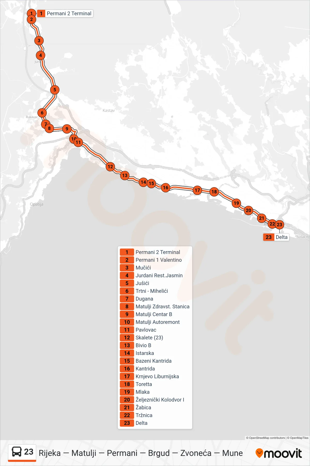 Linija 23 autobus, (Permani - Zdravstvena St. - Matulji - Rijeka) – ruta i stanice na karti
