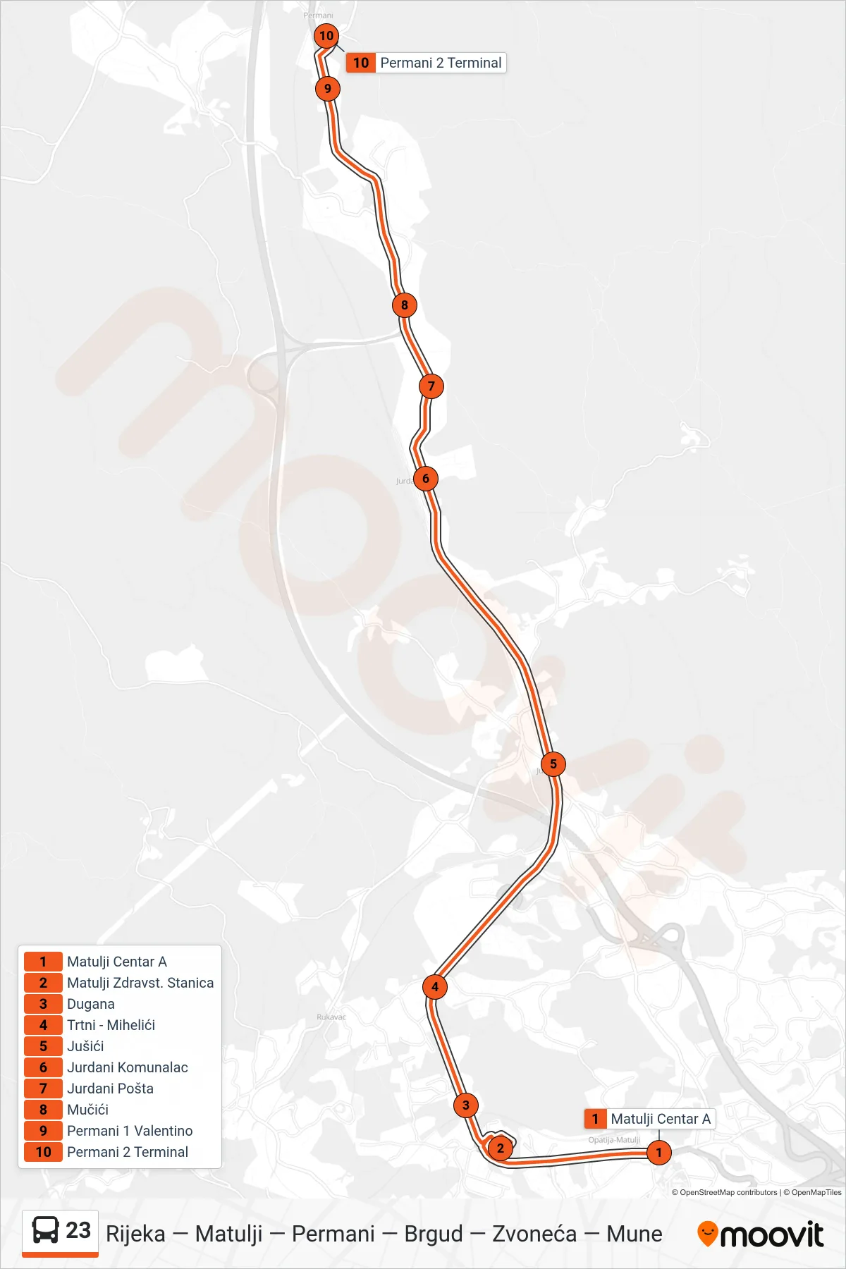 Linija 23 autobus, (Matulji - Permani) – ruta i stanice na karti