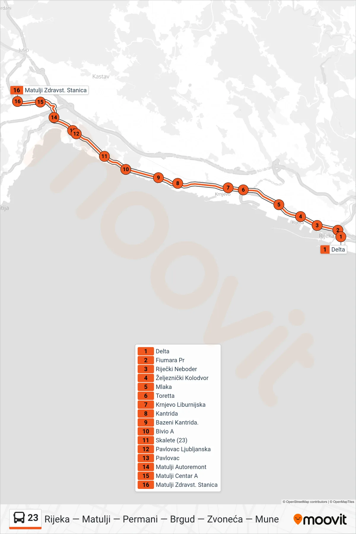 Linija 23 autobus, (Rijeka - Matulji) – ruta i stanice na karti
