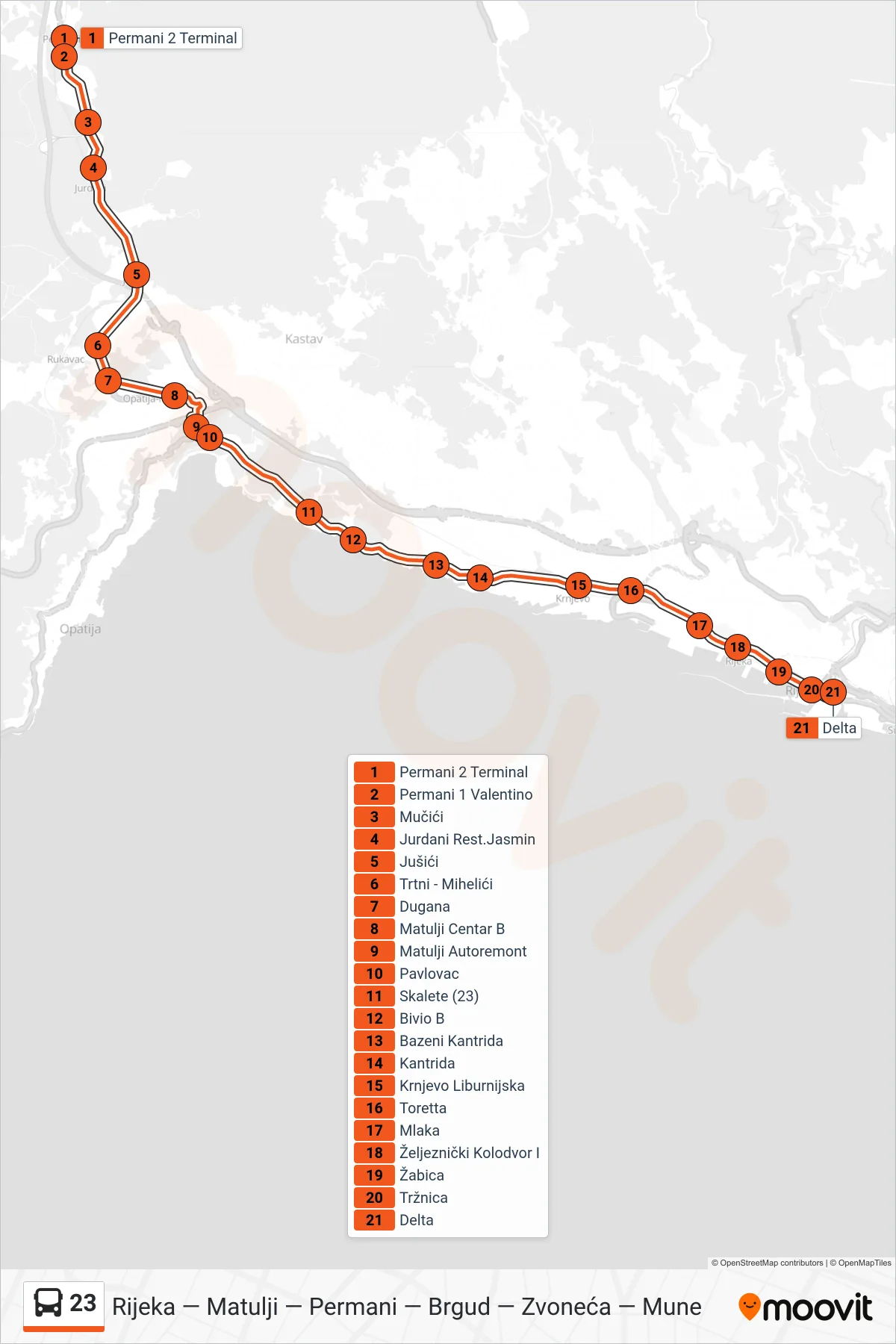 Linija 23 autobus, (Permani - Matulji - Rijeka) – ruta i stanice na karti