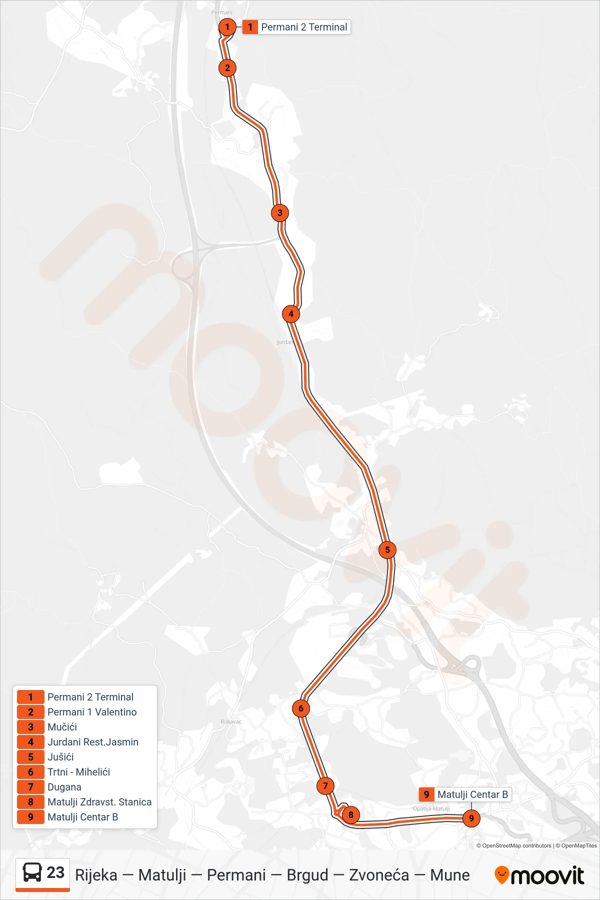 Linija 23 autobus, (Permani - Matulji) – ruta i stanice na karti