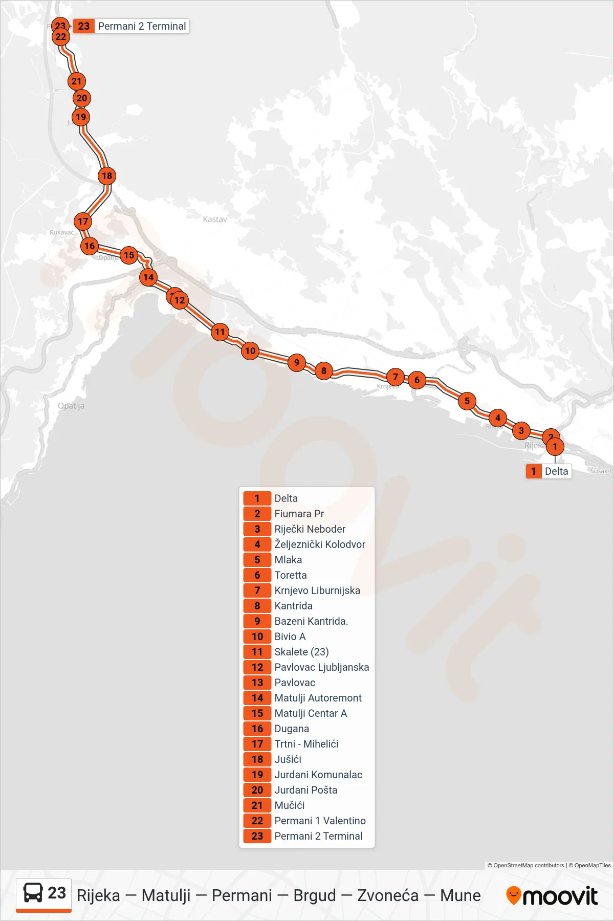 Linija 23 autobus, (Rijeka - Matulji - Permani) – ruta i stanice na karti