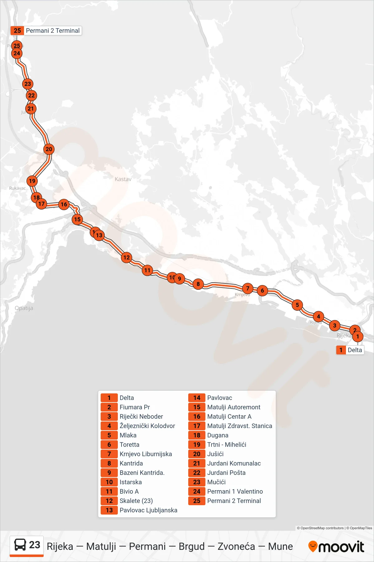 Linija 23 autobus, (Rijeka - Matulji - Zdravstvena St. - Permani) – ruta i stanice na karti
