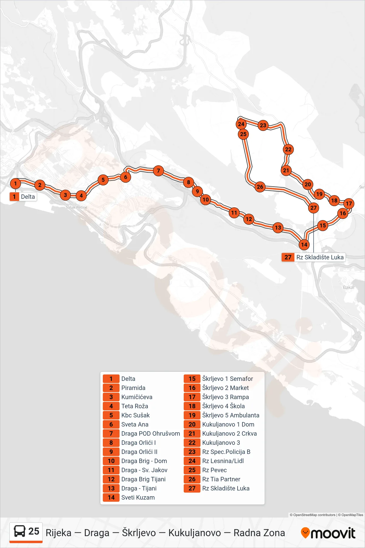 Linija 25 autobus, (Rijeka - Škrljevo - Radna Zona Tia) – ruta i stanice na karti