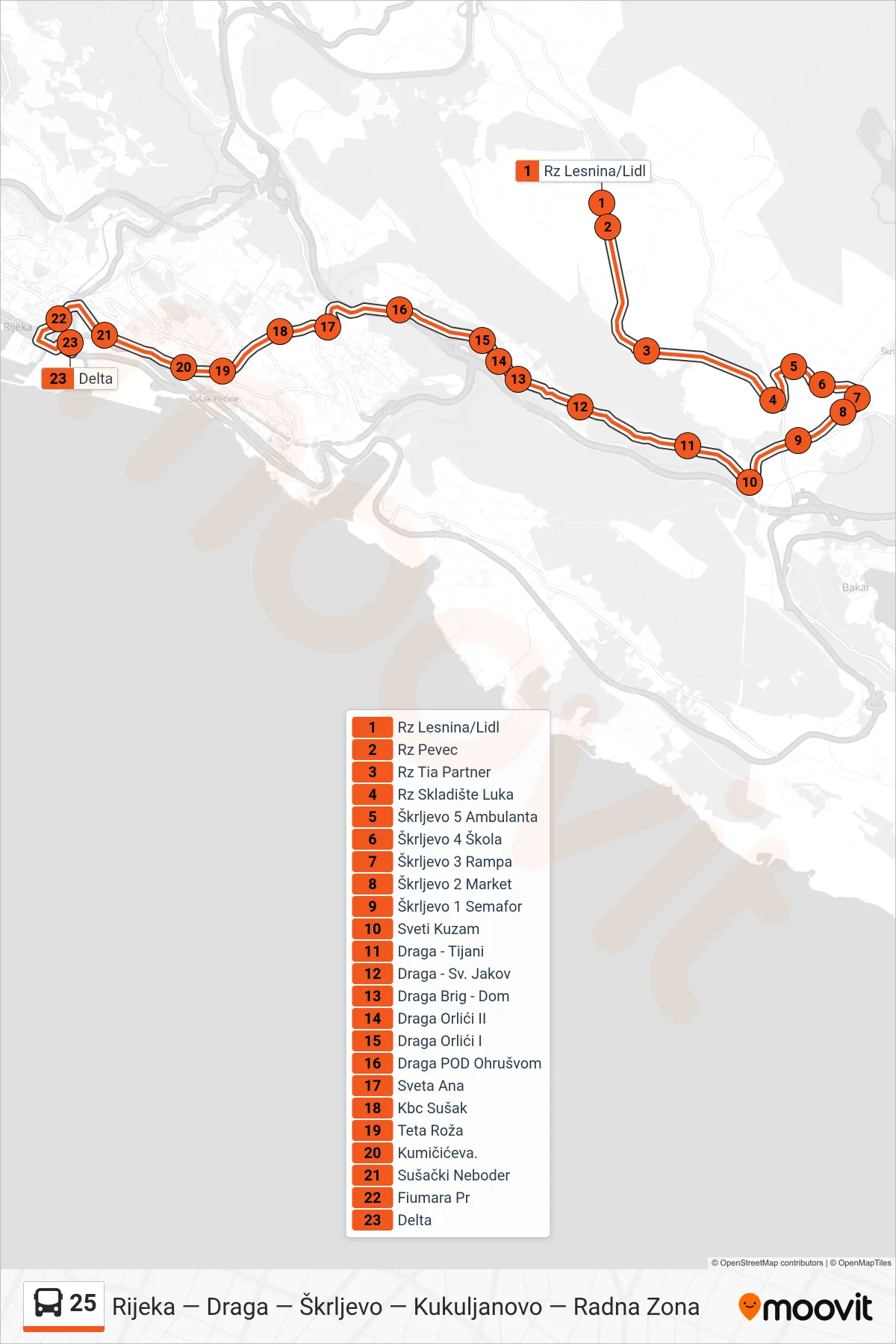 Linija 25 autobus, (Radna Zona - Škrljevo - Rijeka) – ruta i stanice na karti