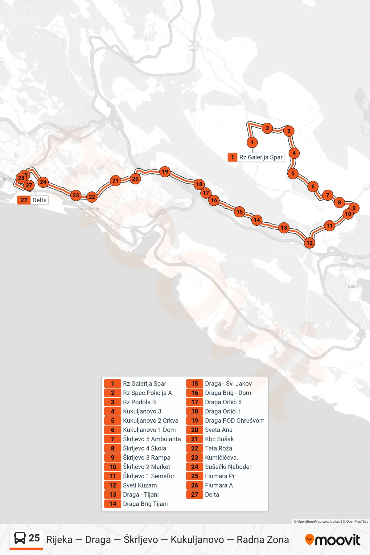 Linija 25 autobus, (Radna Zona - Kukuljanovo - Rijeka) – ruta i stanice na karti