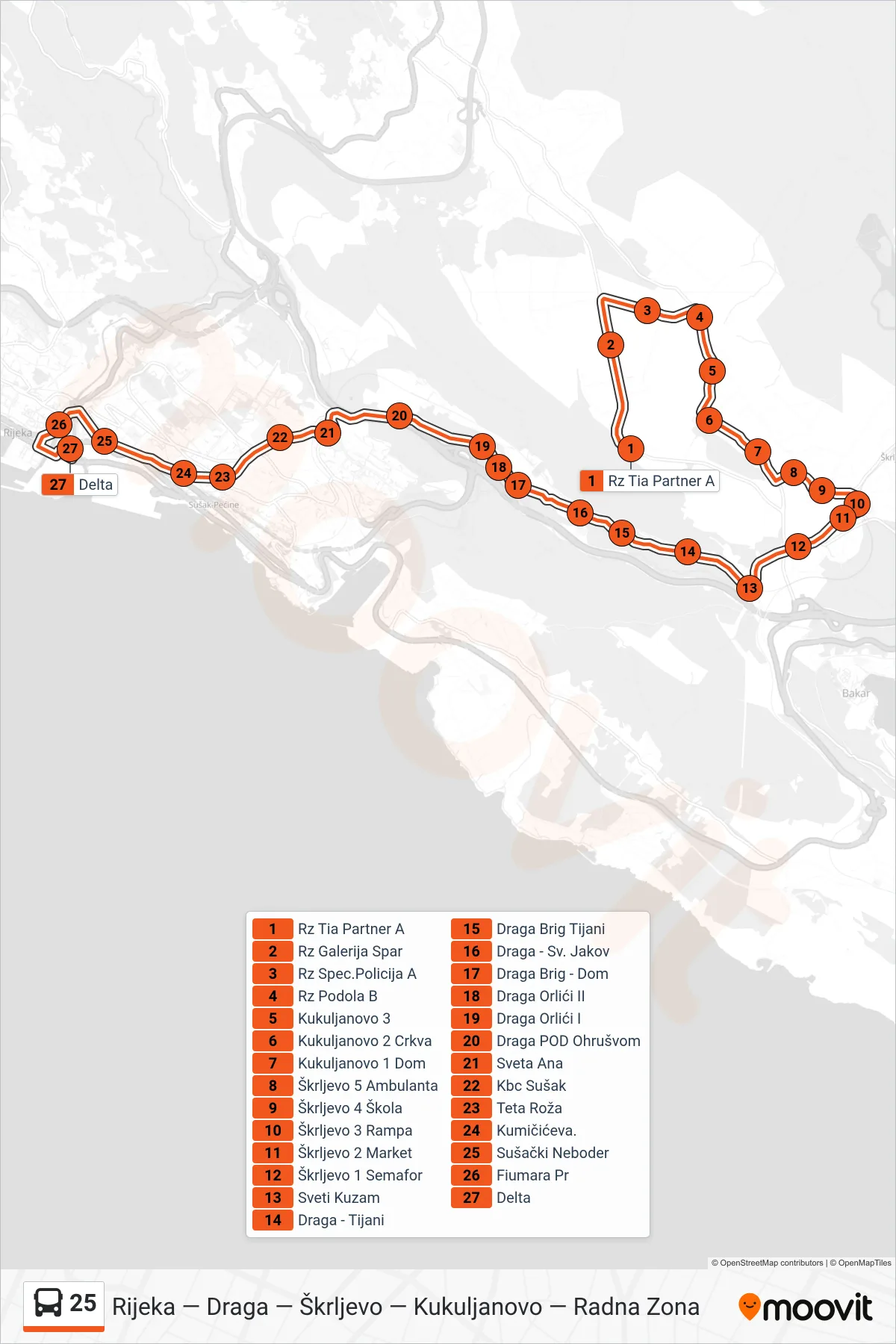 Linija 25 autobus, (Tia - Kružni Tok - Rz Kukuljanovo - Rijeka) – ruta i stanice na karti