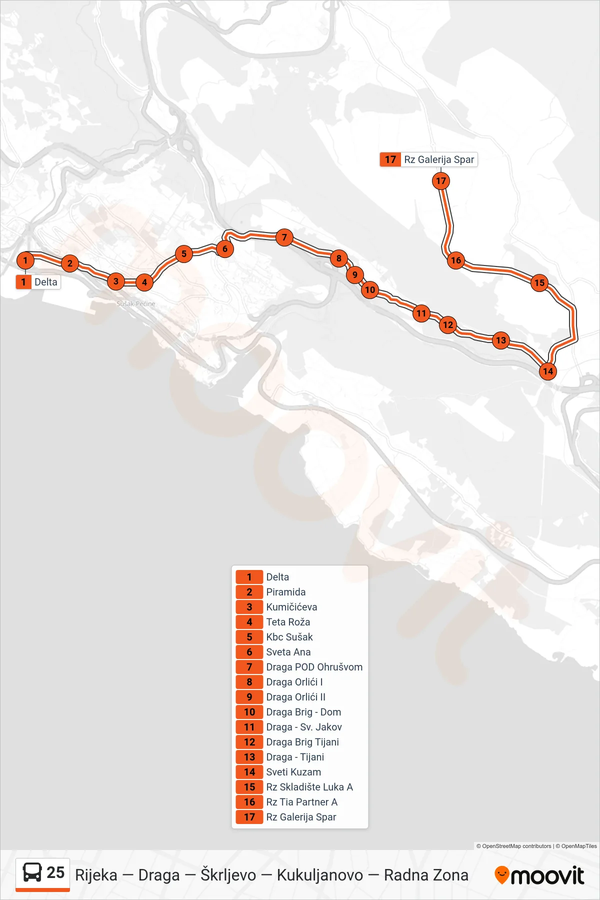 Linija 25 autobus, (Rijeka - Sušačka Draga - Radna Zona) – ruta i stanice na karti