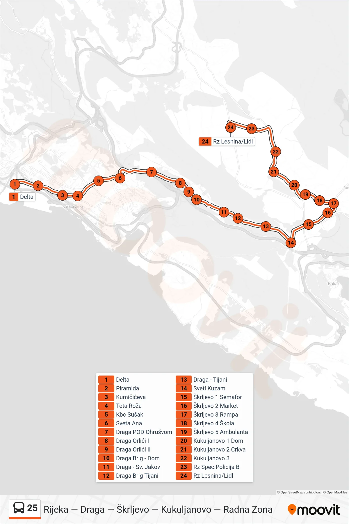 Linija 25 autobus, (Rijeka - Škrljevo - Kukuljanovo Rz) – ruta i stanice na karti