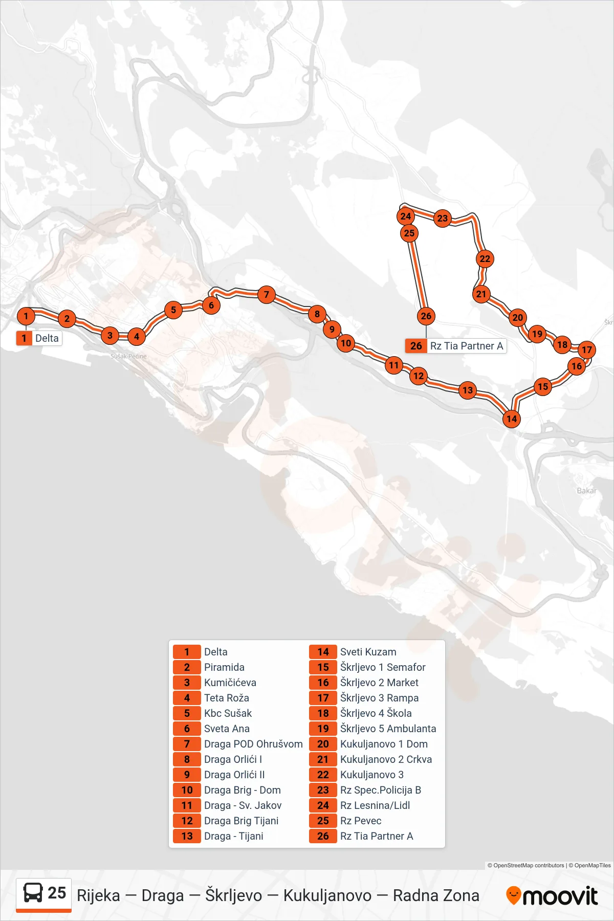Linija 25 autobus, (Rijeka - Škrljevo - Kukuljanovo - Tia Kružni Tok) – ruta i stanice na karti