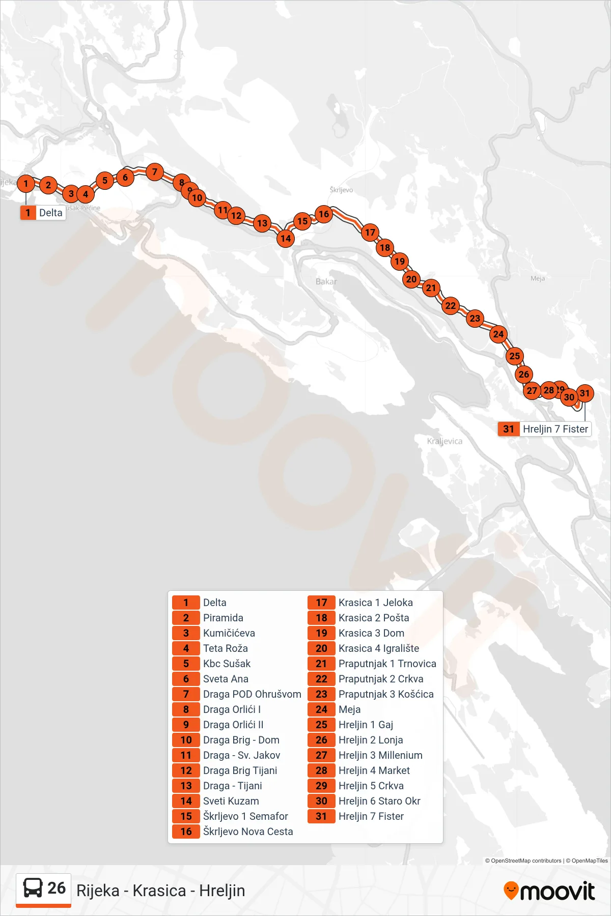 Linija 26 autobus, (Rijeka - Krasica - Hreljin) – ruta i stanice na karti
