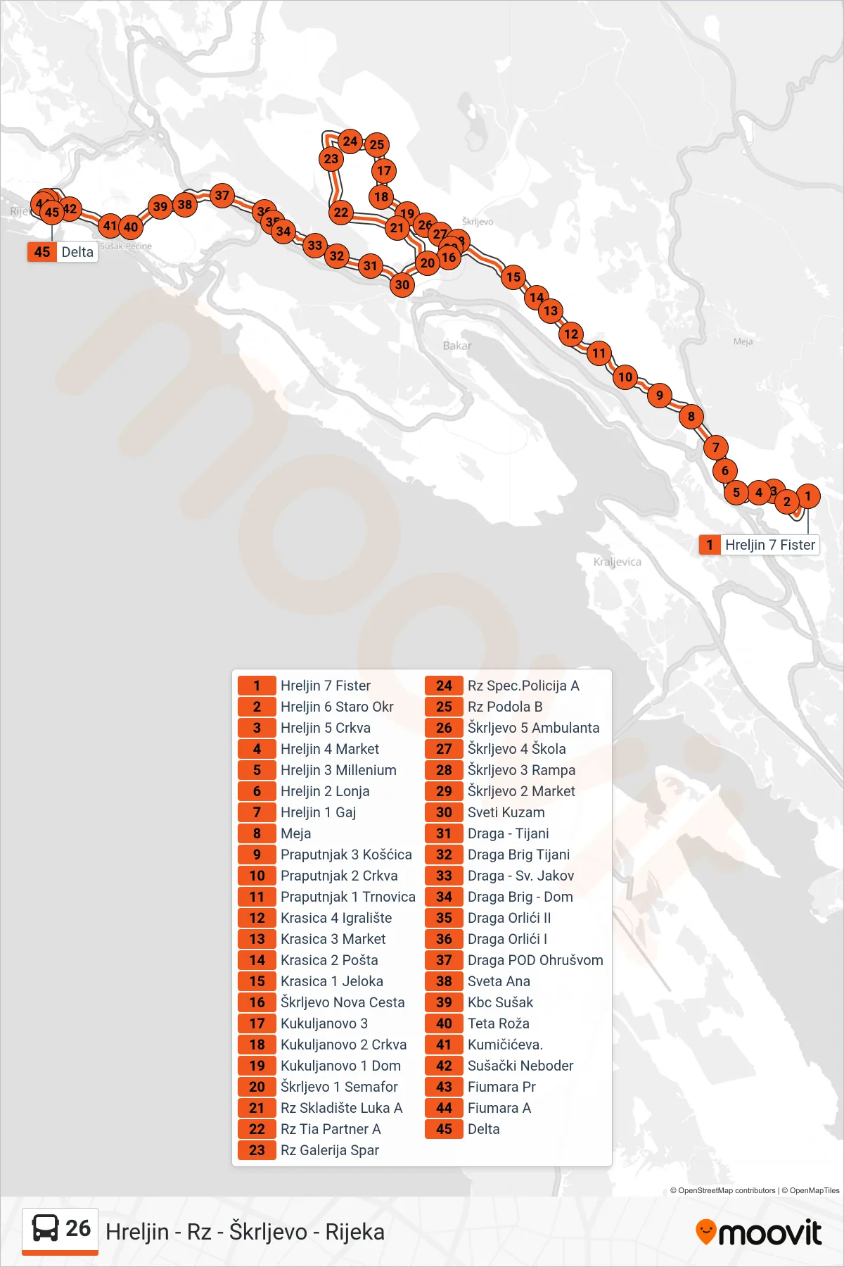 Linija 26 autobus, (Hreljin - Rz - Škrljevo - Rijeka) – ruta i stanice na karti