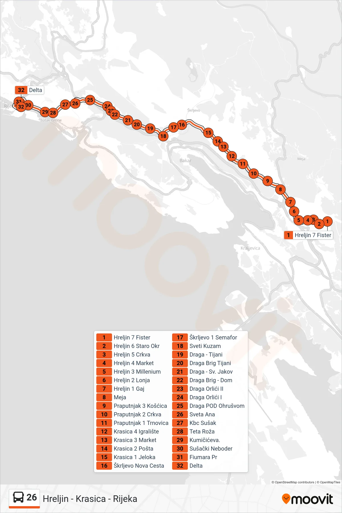 Linija 26 autobus, (Hreljin - Krasica - Rijeka) – ruta i stanice na karti
