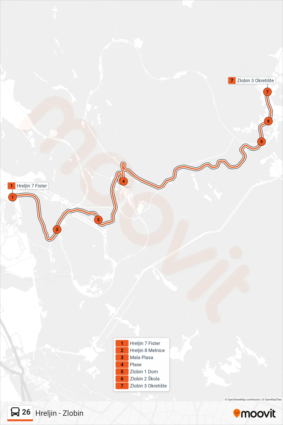Linija 26 autobus, (Hreljin - Zlobin) – ruta i stanice na karti