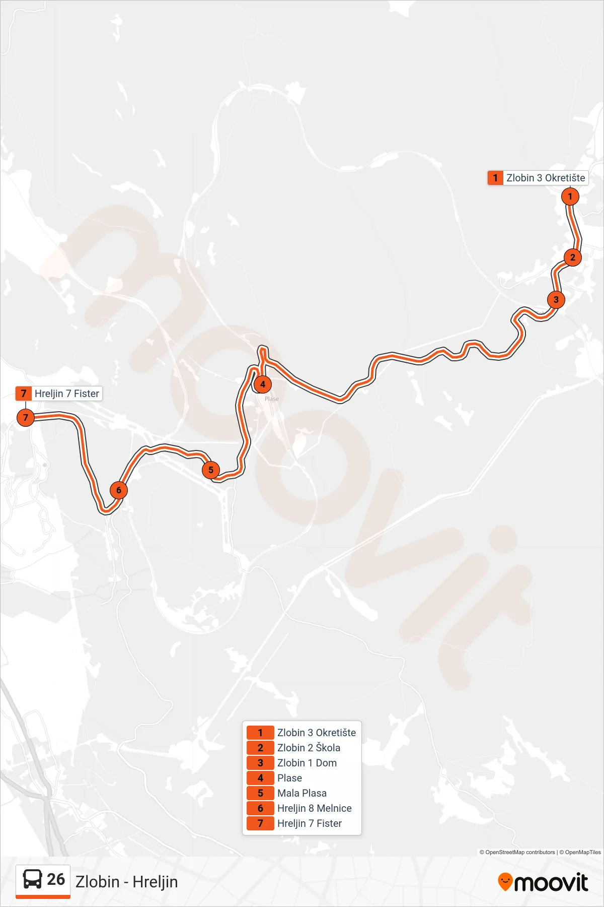 Linija 26 autobus, (Zlobin - Hreljin) – ruta i stanice na karti