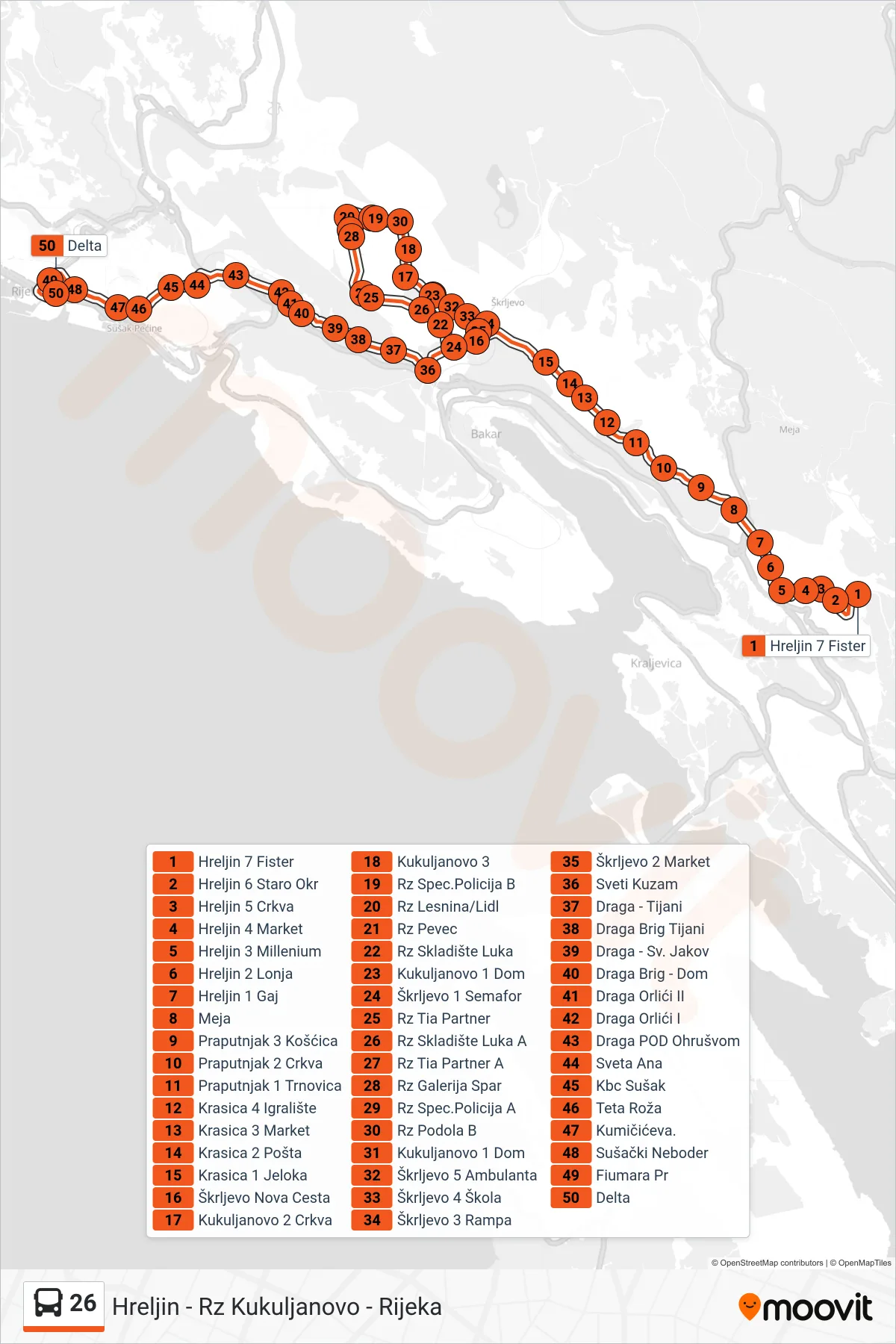 Linija 26 autobus, (Hreljin - Rz Kukuljanovo - Rijeka) – ruta i stanice na karti
