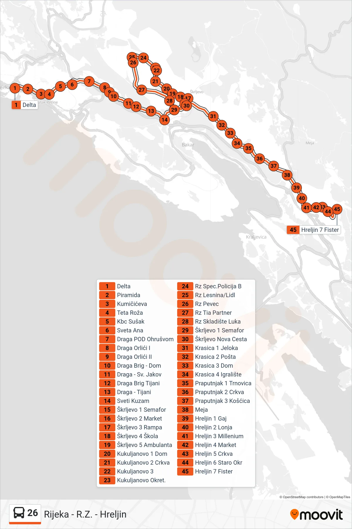 Linija 26 autobus, (Rijeka - R.Z. - Hreljin) – ruta i stanice na karti