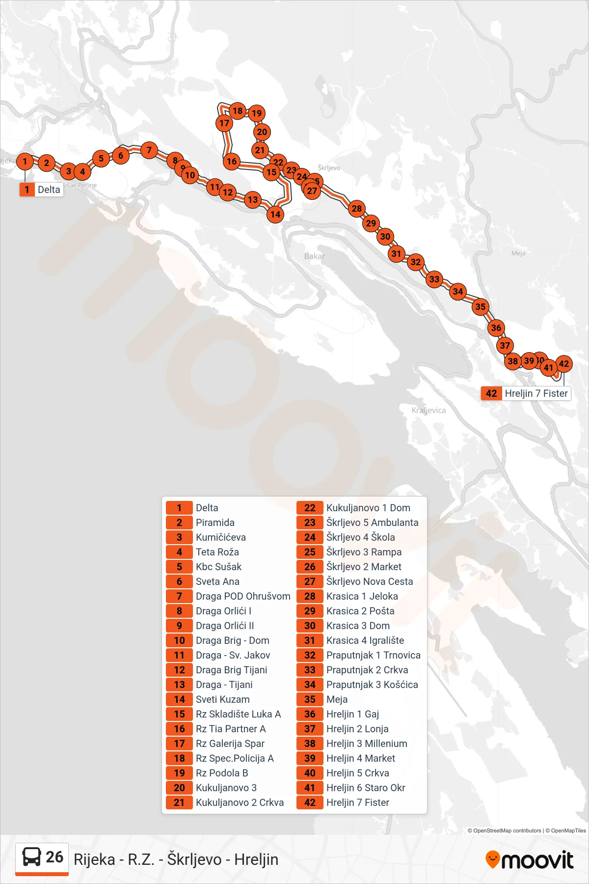 Linija 26 autobus, (Rijeka - R.Z. - Škrljevo - Hreljin) – ruta i stanice na karti