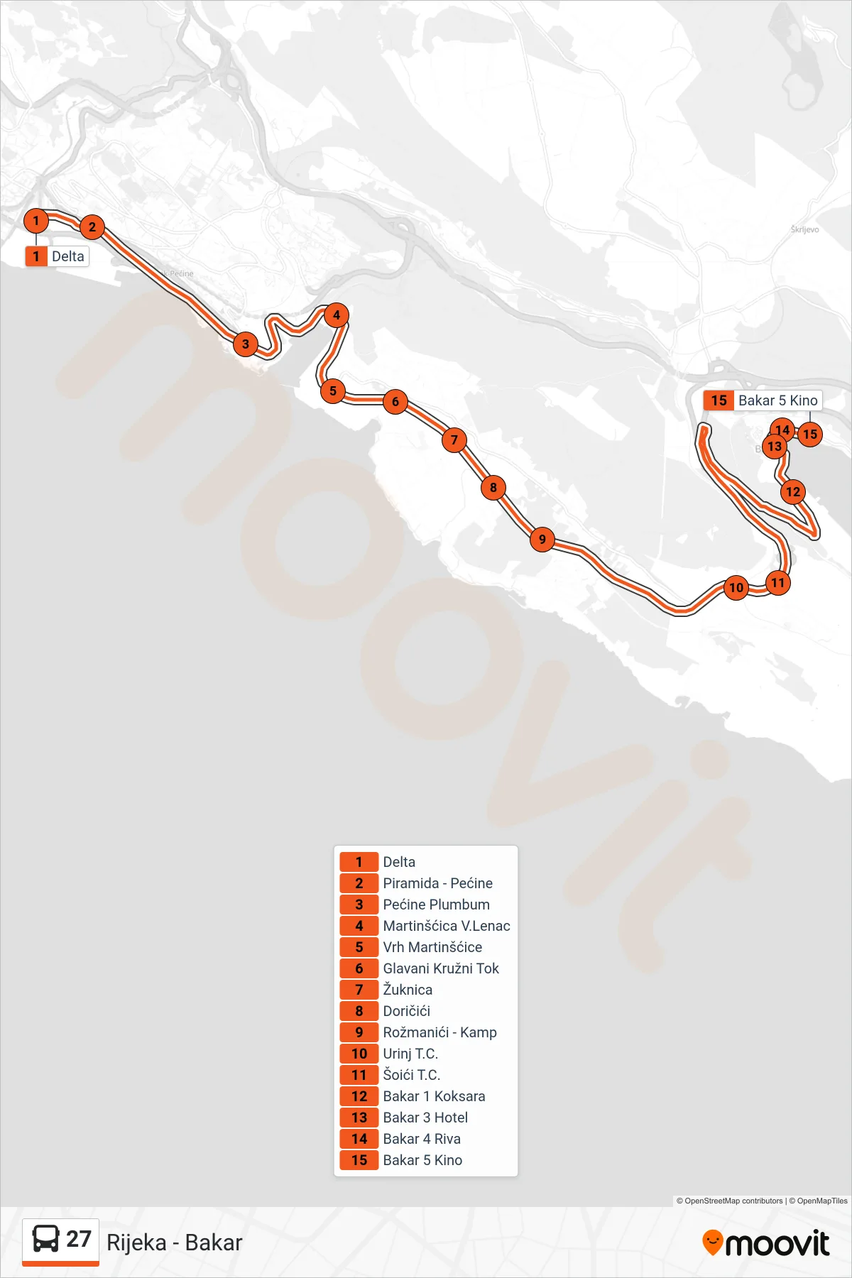 Linija 27 autobus, (Rijeka - Bakar) – ruta i stanice na karti