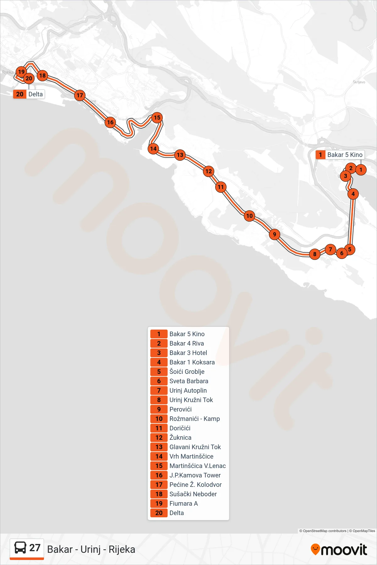 Linija 27 autobus, (Bakar - Urinj - Rijeka) – ruta i stanice na karti
