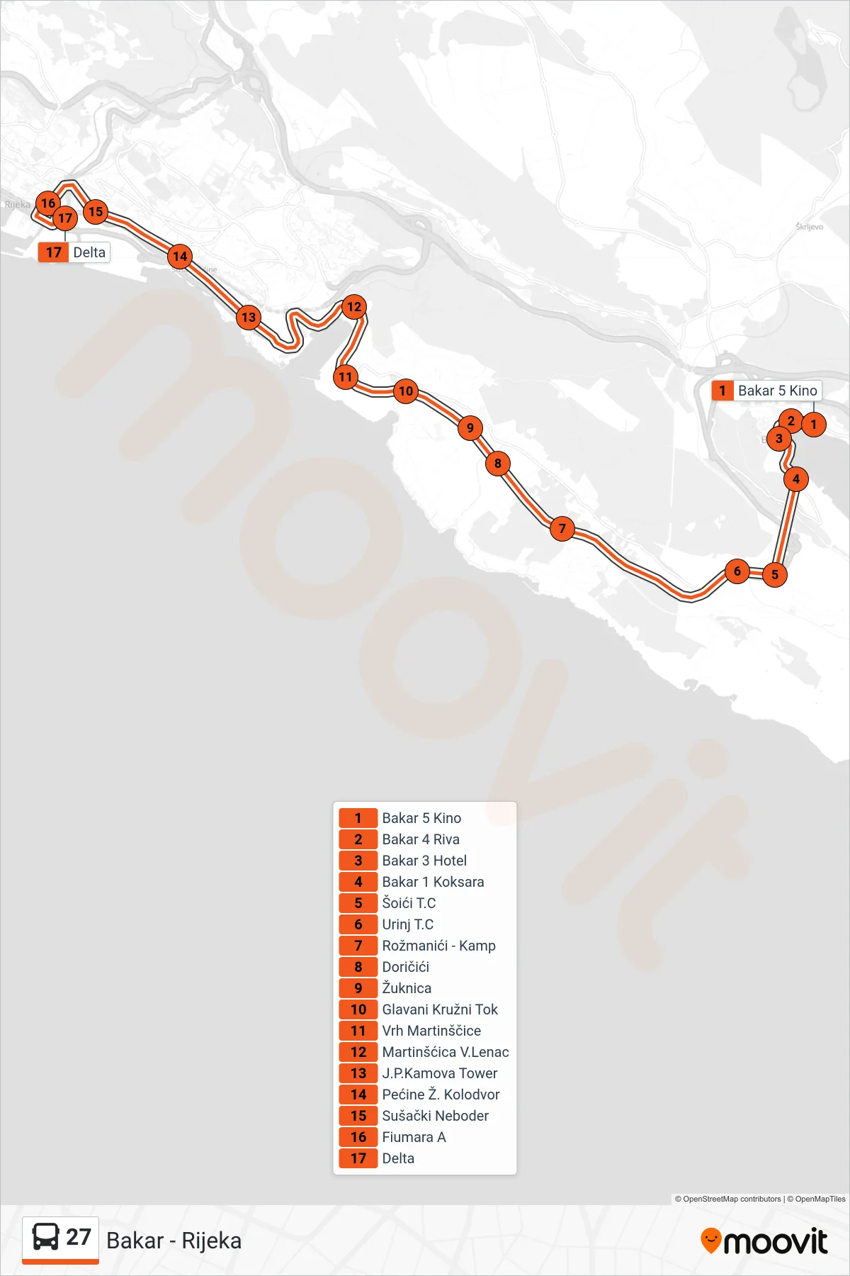 Linija 27 autobus, (Bakar - Rijeka) – ruta i stanice na karti