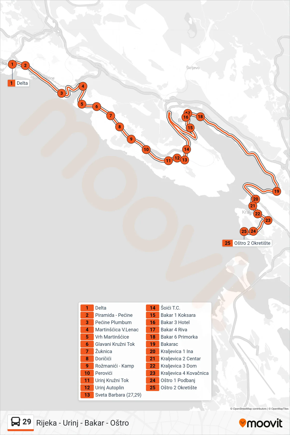 Linija 29 autobus, (Rijeka - Urinj - Bakar - Oštro) – ruta i stanice na karti