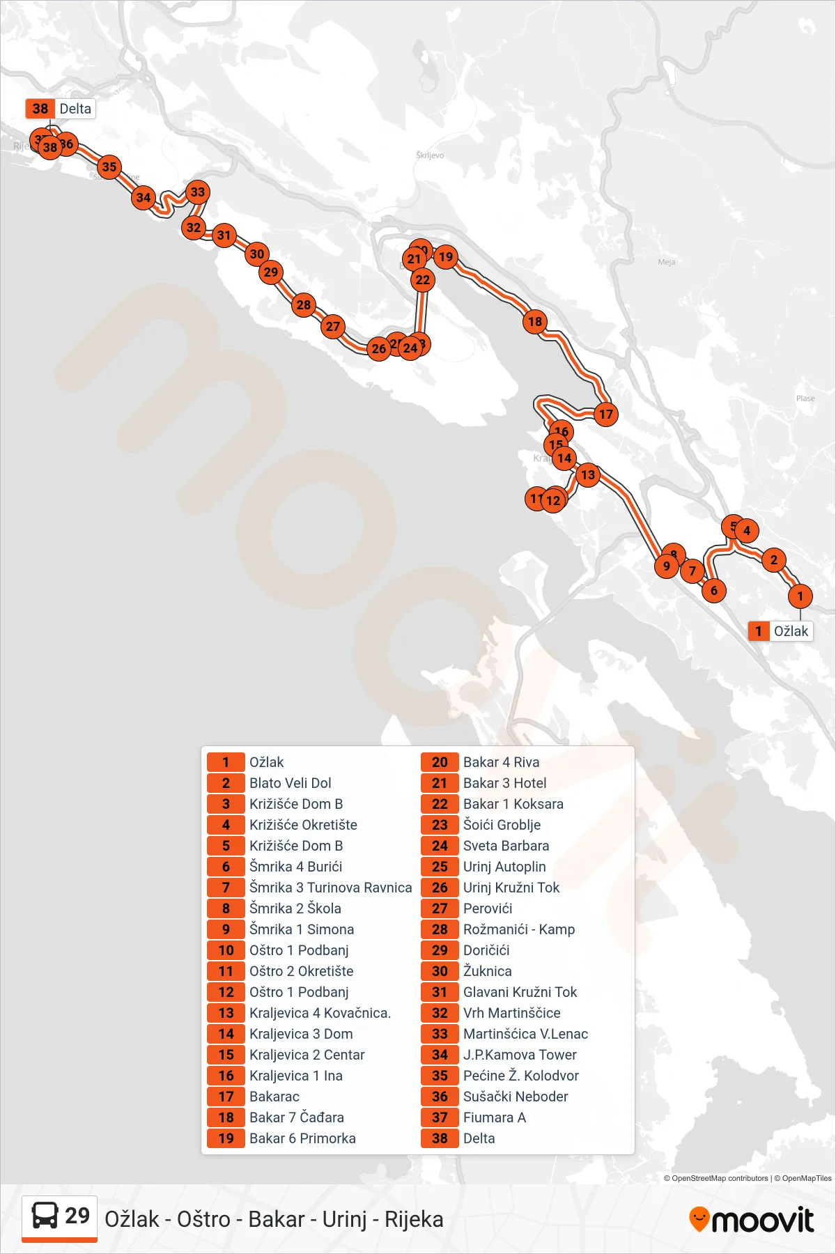 29 bus Line (Ožlak - Oštro - Bakar - Urinj - Rijeka) route and stops on a map