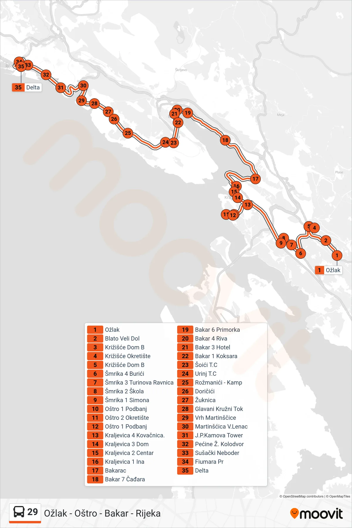 29 bus Line (Ožlak - Oštro - Bakar - Rijeka) route and stops on a map