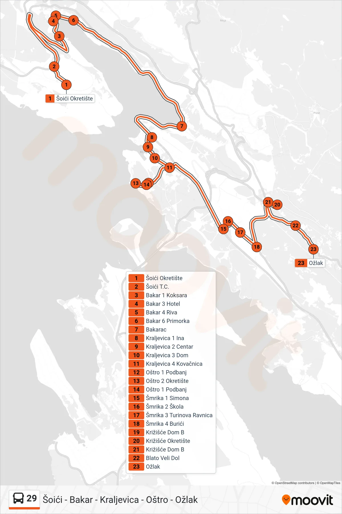 Linija 29 autobus, (Šoići - Bakar - Kraljevica - Oštro - Ožlak) – ruta i stanice na karti