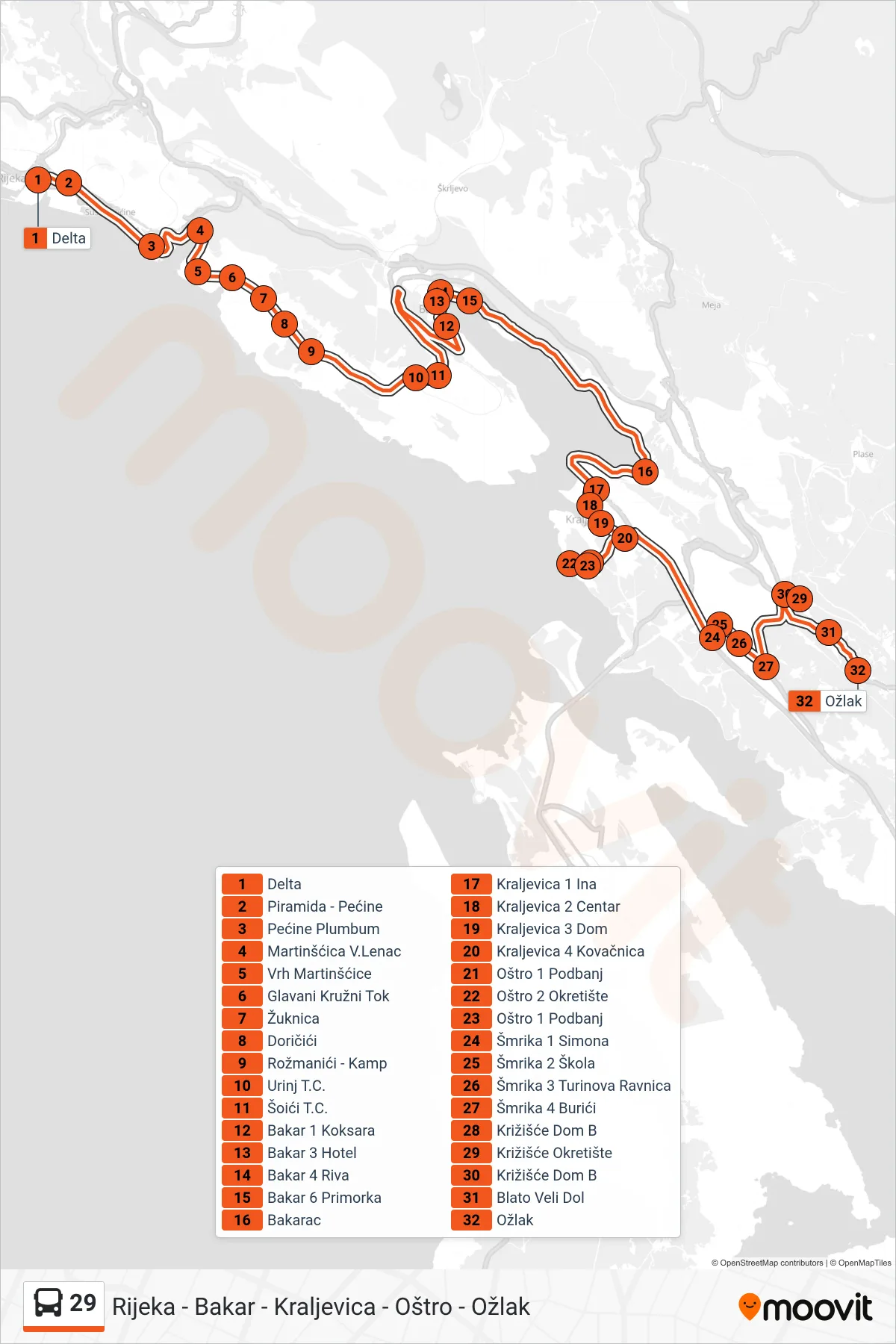 Linija 29 autobus, (Rijeka - Bakar - Kraljevica - Oštro - Ožlak) – ruta i stanice na karti