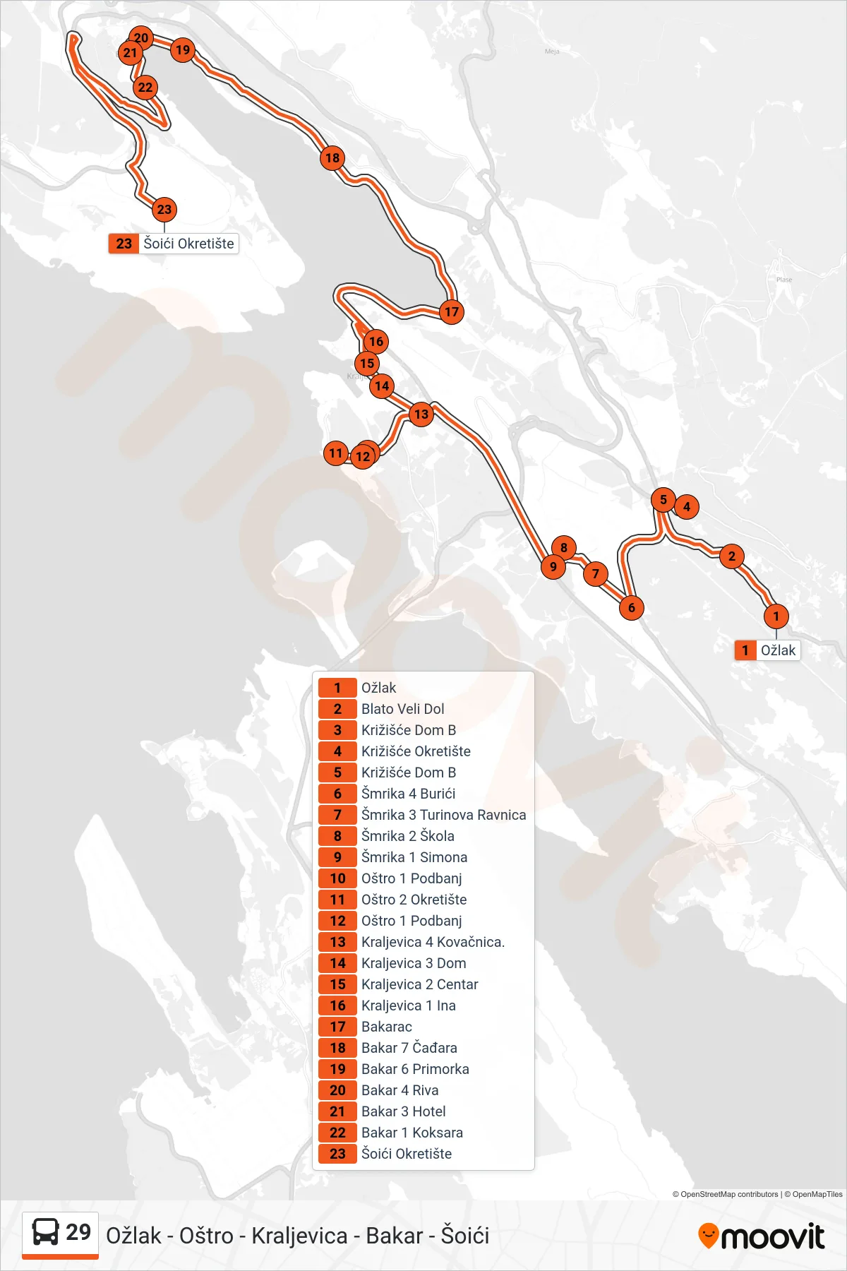 Linija 29 autobus, (Ožlak - Oštro - Kraljevica - Bakar - Šoići) – ruta i stanice na karti