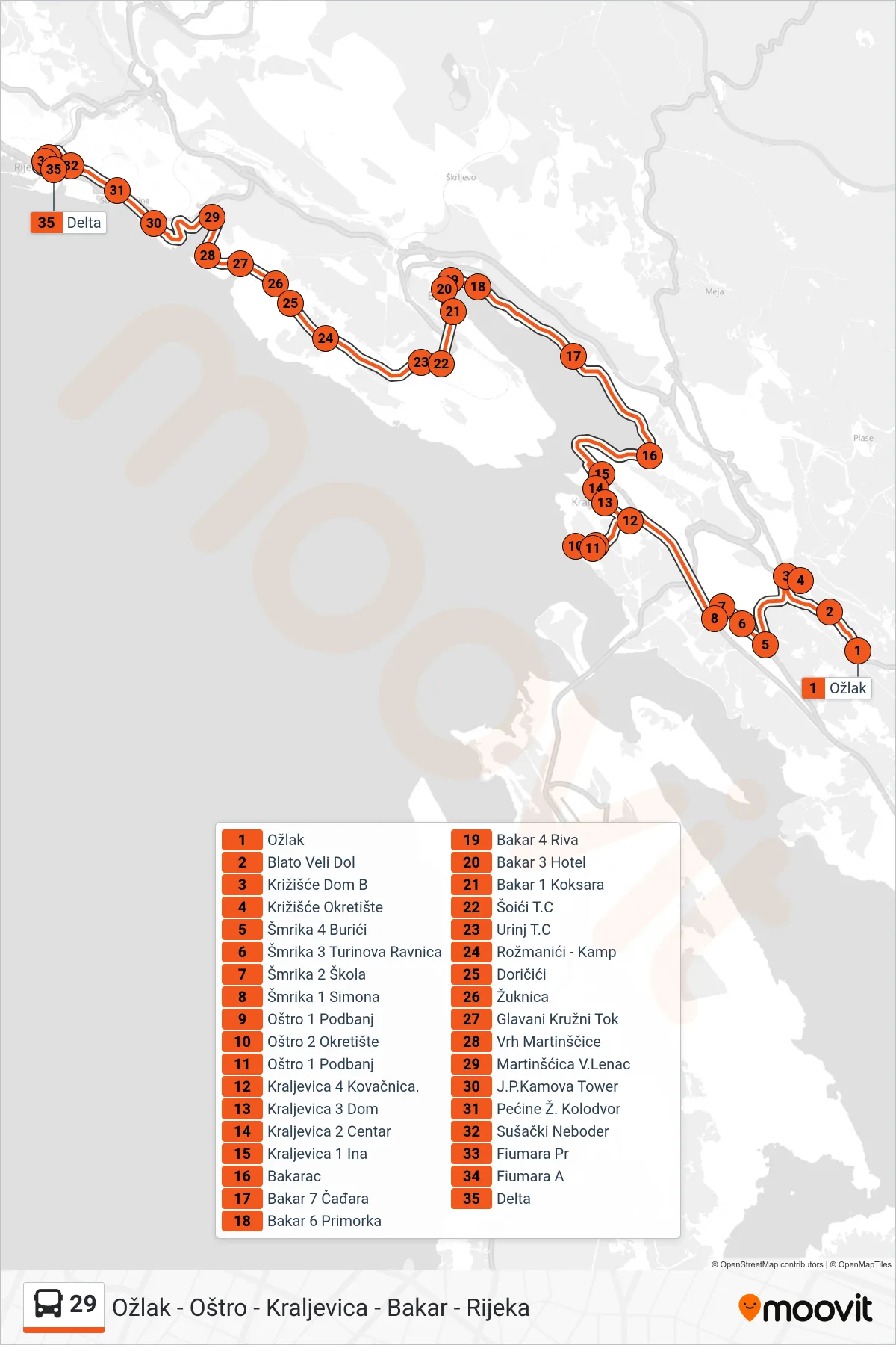 29 bus Line (Ožlak - Oštro - Kraljevica - Bakar - Rijeka) route and stops on a map