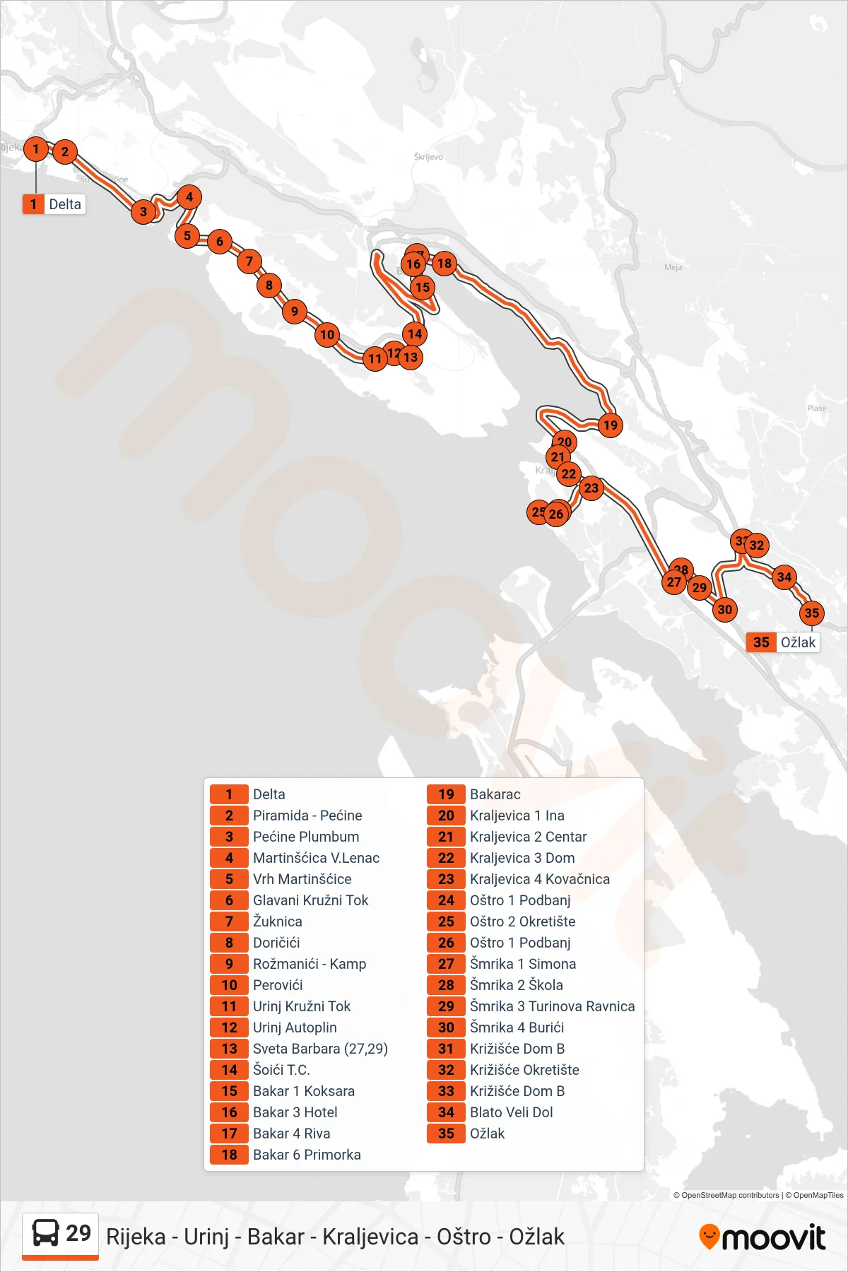 Linija 29 autobus, (Rijeka - Urinj - Bakar - Kraljevica - Oštro - Ožlak) – ruta i stanice na karti