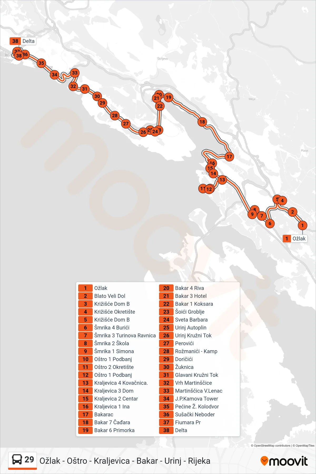 Linija 29 autobus, (Ožlak - Oštro - Kraljevica - Bakar - Urinj - Rijeka) – ruta i stanice na karti