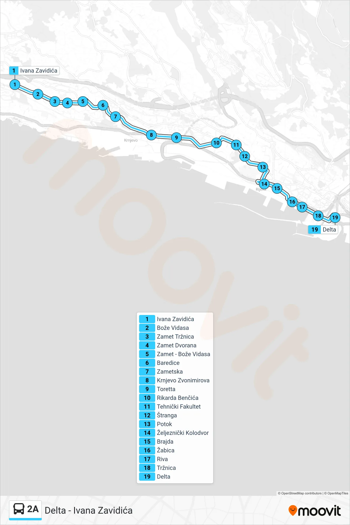 Linija 2A autobus, (I. Zavidića - Vukovarska - Delta) – ruta i stanice na karti