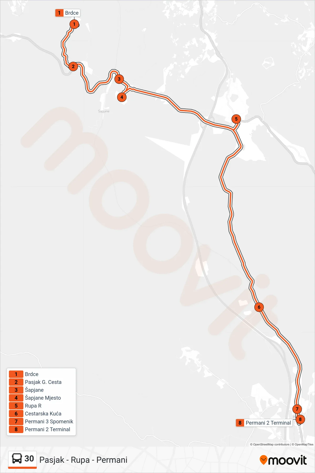 Linija 30 autobus, (Pasjak - Rupa - Permani) – ruta i stanice na karti