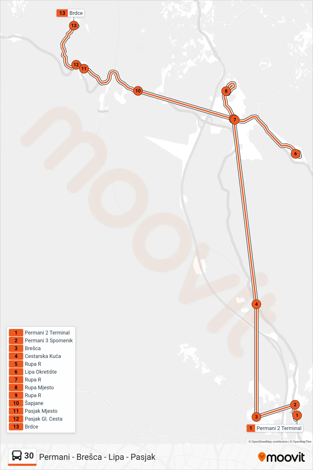 Linija 30 autobus, (Permani - Brešca - Lipa - Pasjak) – ruta i stanice na karti