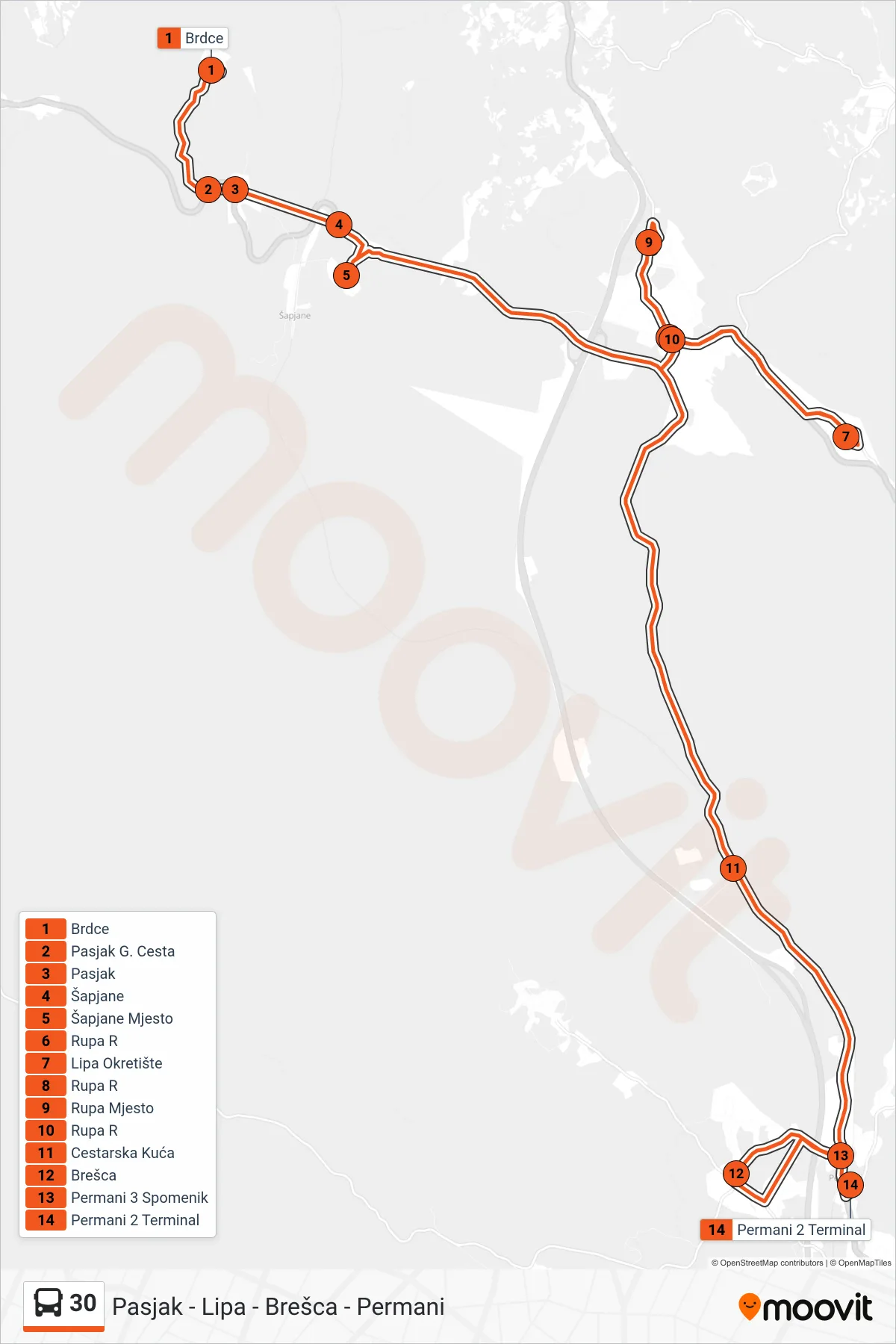30 bus Line (Pasjak - Lipa - Brešca - Permani) route and stops on a map