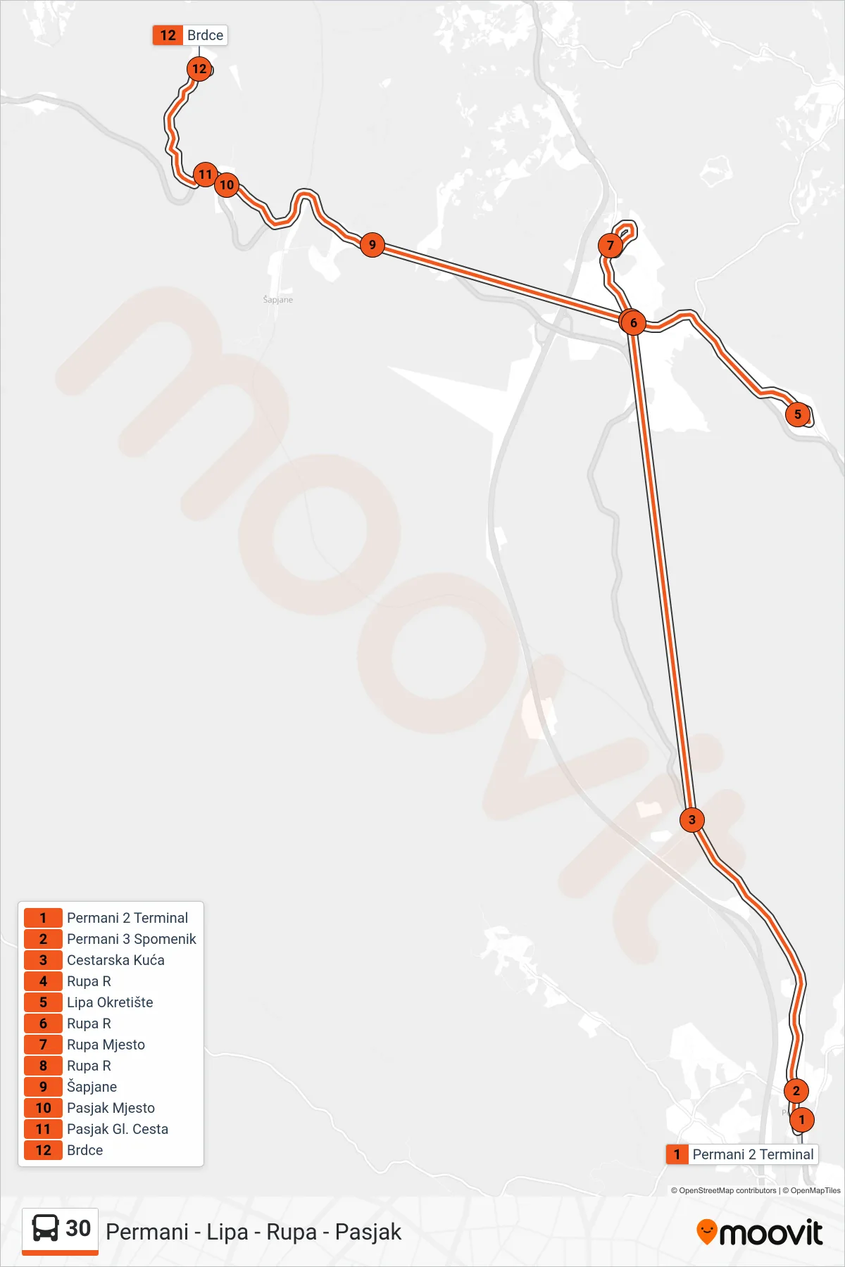 Linija 30 autobus, (Permani - Lipa - Rupa - Pasjak) – ruta i stanice na karti