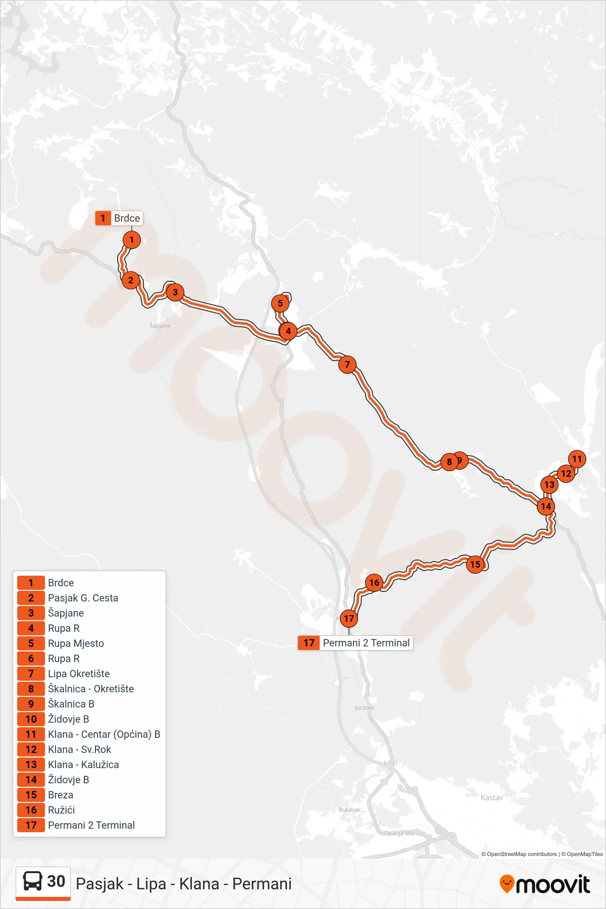 Linija 30 autobus, (Pasjak - Lipa - Klana - Permani) – ruta i stanice na karti