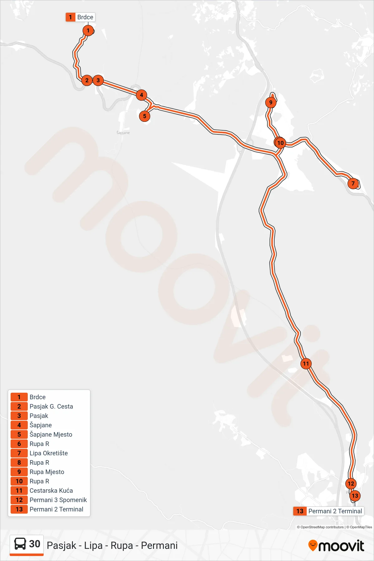 30 bus Line (Pasjak - Lipa - Rupa - Permani) route and stops on a map