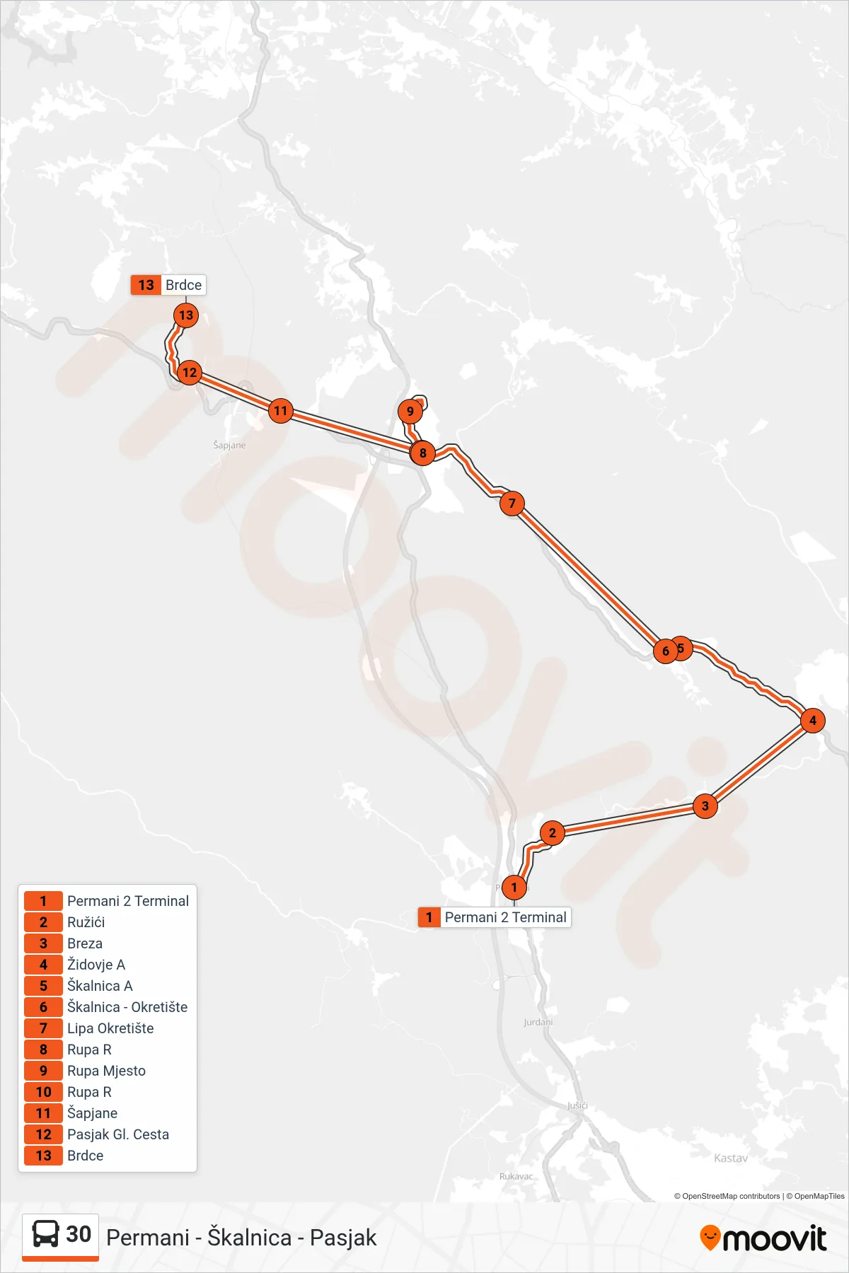 Linija 30 autobus, (Permani - Škalnica - Pasjak) – ruta i stanice na karti